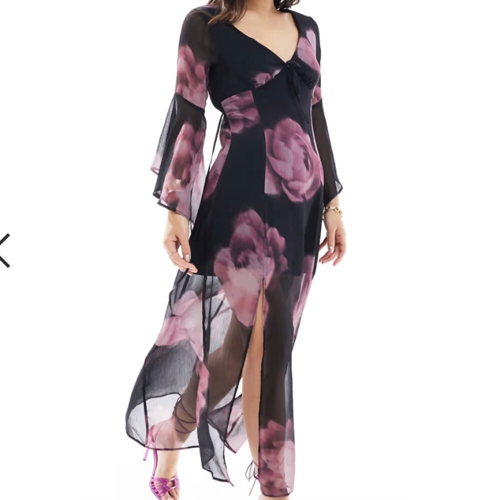 Miss Selfridge chiffon flared sleeve godet maxi dress in blurred floral